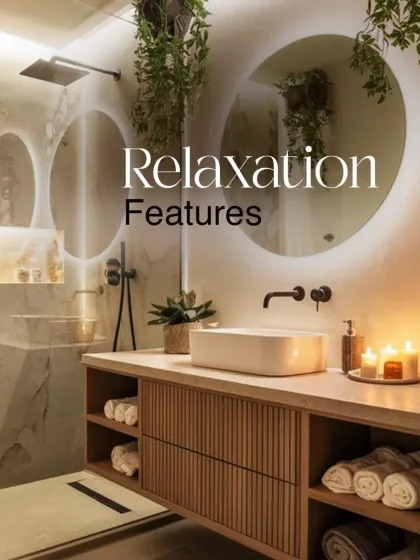 We incorporate relaxation features to enhance the spa like feel. This bathroom design includes space for candles, neatly folded towels, and hanging plants, creating a tranquil and inviting environment.