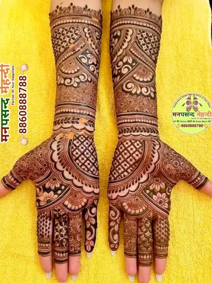 A full-hand design with beautiful flowing patterns and delicate details. This is a perfect example of a modern design suitable for festivals or parties.