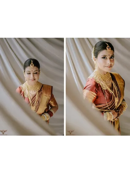 This diptych showcases two sides of the bride's personality. One frame captures a shy, downward glance, while the other shows her looking confidently at the camera, both framed beautifully by soft curtains.