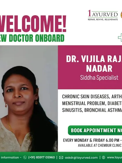 Dr. Vijila Rajan Nadar is a Siddha Specialist on our team. Her expertise in treating chronic skin diseases, arthritis, and diabetes allows us to offer a broader range of traditional healing modalities.