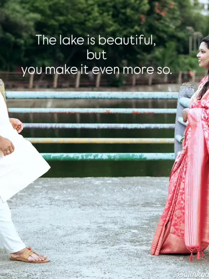 A relaxed, conversational pose on a bridge overlooking a lake. This image shows how I create a comfortable atmosphere for couples to interact naturally during their pre-wedding session.