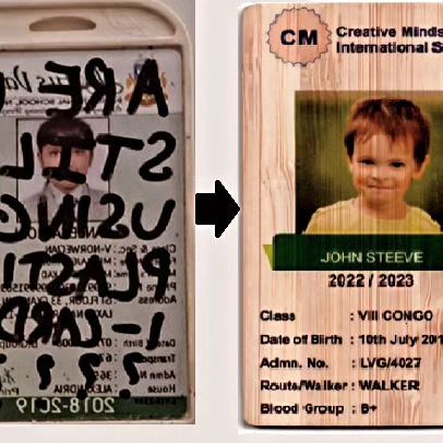 A powerful before-and-after showing the transition from a worn-out plastic ID card to our durable and eco-friendly bamboo NFC access card. This is an innovative solution for schools and organizations looking to reduce plastic waste.