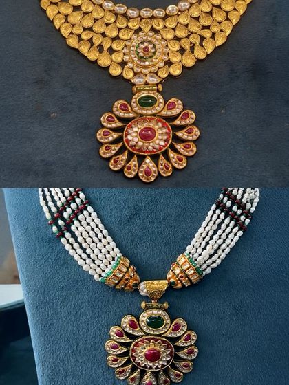 A simple gold necklace was the base for this transformation. We detached the pendant, added it to a new multi-strand pearl and bead mala, and created a completely different look while preserving the original centerpiece.