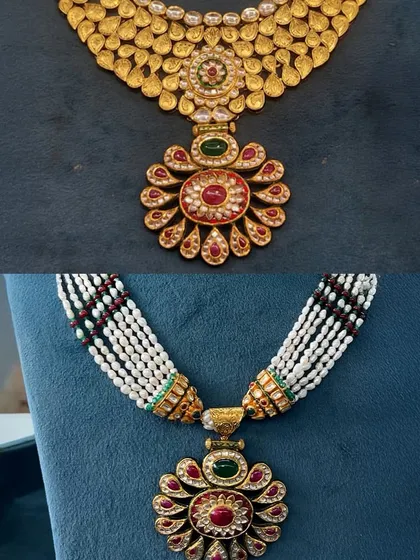 A simple gold necklace was the base for this transformation. We detached the pendant, added it to a new multi-strand pearl and bead mala, and created a completely different look while preserving the original centerpiece.
