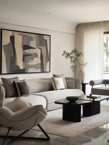 This living room captures the essence of quiet luxury. The custom 12-foot angular sofa in light grey boucle fabric creates an inviting space for connection, while the large monochrome artwork adds a layer of personal, artistic flair. Every element, from the textured armchair to the bold black coffee tables, is chosen to build a harmonious and sophisticated residential interior.