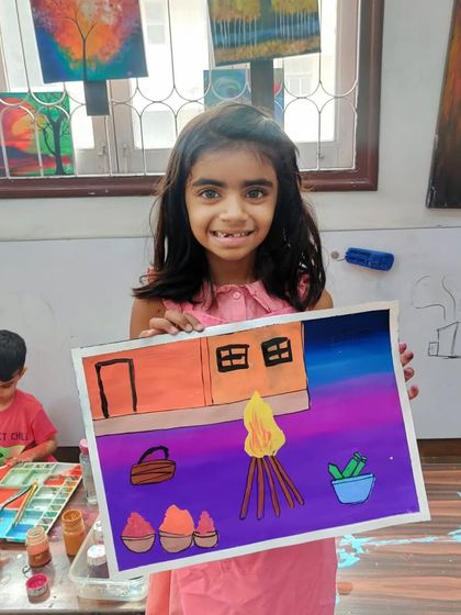 Another bright and cheerful painting of the Holika Dahan bonfire, showing the artist's excitement for the festival.