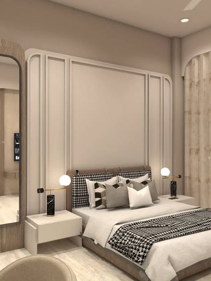 This 3D render showcases a serene and elegant master bedroom with a city view. The design uses a neutral color palette, wall mouldings, and a large mirror to create a sense of space and luxury.