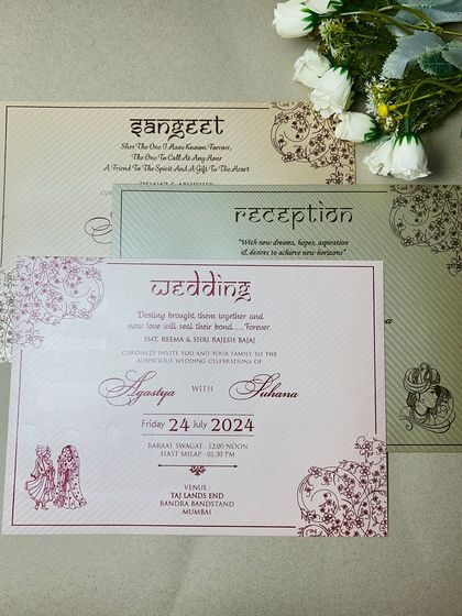 The individual inserts from the brocade suite, featuring clean typography and delicate paisley corner details.