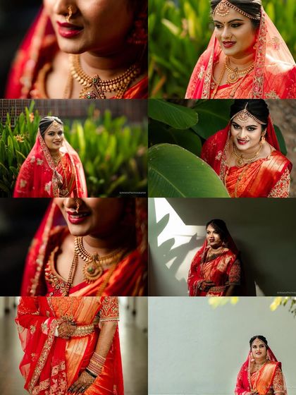 A collage of a beautiful bride in red, capturing various angles and expressions. The shots range from close-up details to full portraits against natural backdrops.