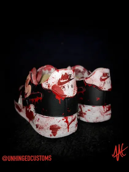 The back view of the blood-splattered Air Force 1s. No part of the shoe was left untouched.