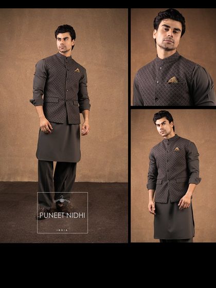 A collage of the olive brick-textured jacket and pathani suit. The cotton interlining makes it breathable, while the design remains stylish.