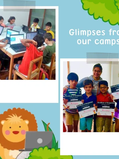 This collage offers a glimpse into the vibrant and engaging atmosphere of our coding camps. You can see students actively learning on their laptops and proudly displaying their certificates of completion after finishing their projects.