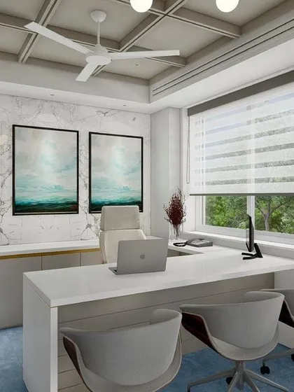 A focused view of the rendered workspace, highlighting the clean lines of the desk, the calming triptych of artwork, and the soft, diffused light from the window blinds.