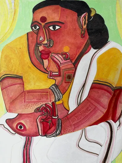 A full view of the captivating gouache on paper by T. Vaikuntam, created in 1988. The artist is renowned for his vivid portrayals of men and women from his native Telangana, and this work is a prime example of his style, featuring lush colours and folk-inspired details.