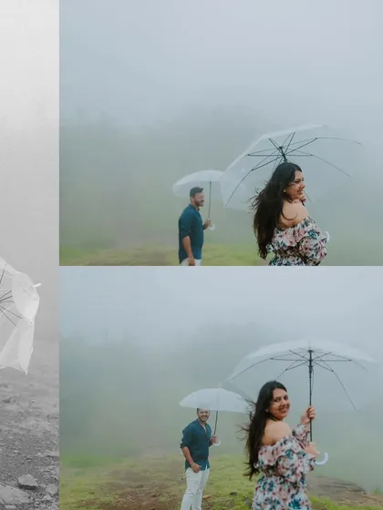 A playful collage of a couple with a transparent umbrella in the misty hills, capturing their smiles and laughter.