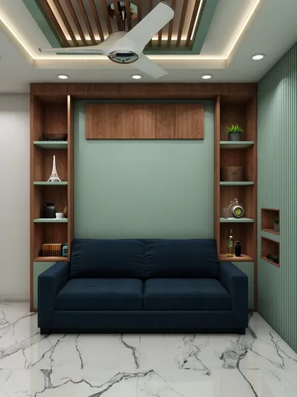 The same room with the Murphy bed pulled down, showcasing how we design multi-functional furniture to maximize space without compromising on style.