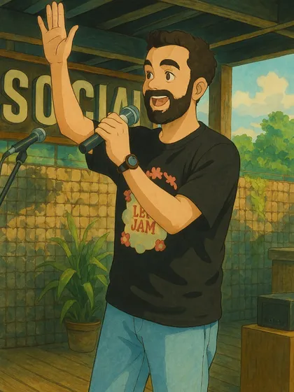 Our host and founder, Sparsh, animated in the Ghibli style, addressing the crowd at Social.