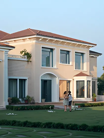 Expansive glass windows are framed by classic architectural moldings, creating a dialogue between modern openness and traditional elegance. The manicured lawn adds to the sense of a grand, welcoming estate.