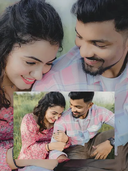 A close-up collage focusing on the couple's smiles and affectionate glances during their outdoor shoot.
