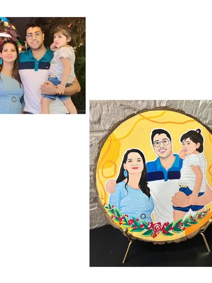 A beautiful family moment captured forever on a slice of mango wood. I worked from their photo to create this stylized family portrait, adding a bright, cheerful background to match their smiles.