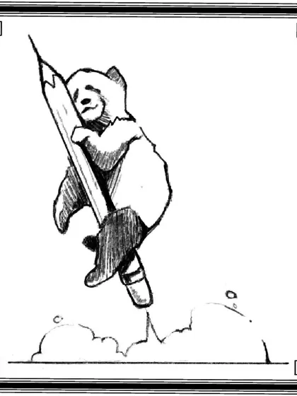 This flash sketch shows a panda character riding a pencil like a rocket ship. It's a playful and imaginative character design, perfect for a quirky and unique tattoo.