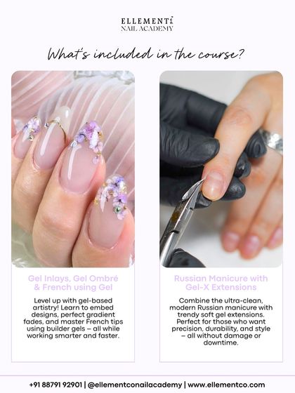 Our course covers advanced gel-based artistry. Learn to embed designs, create perfect ombré fades, and master French tips using builder gels, as shown in this beautiful floral inlay example.