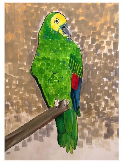 A close-up of a parrot painting done in poster colours, showcasing the student's ability to create texture and form with bold brushstrokes.