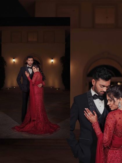 A collage showing the couple in their striking red and black reception outfits, capturing both a formal pose and an intimate embrace.