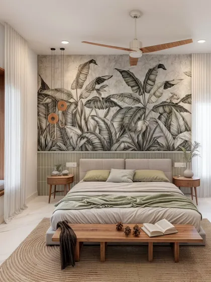 This master bedroom design brings nature indoors with a stunning biophilic mural and earthy tones. My goal is to create personal retreats that are not only stylish but also promote a sense of calm and tranquility, making your bedroom the perfect place to unwind.