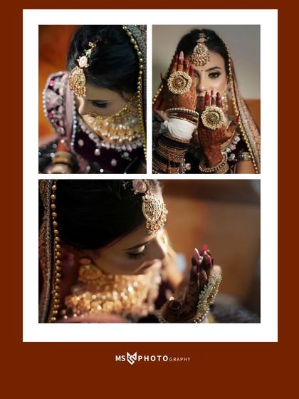 A collage of bridal portraits showcasing the bride's jewelry and expressions. This layout focuses on details like her statement rings and nath, capturing the essence of a traditional Indian bridal look.