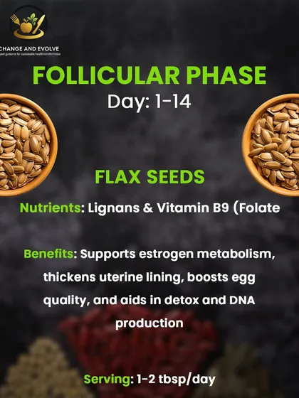 Flax seeds are also excellent for the follicular phase. They contain lignans and folate, which support estrogen metabolism, thicken the uterine lining, and boost egg quality.