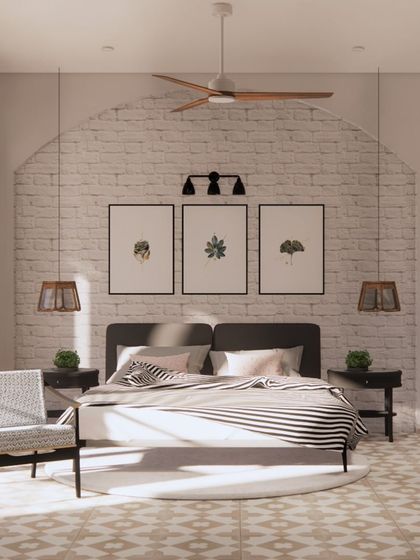 Another bedroom concept for the Goa project, this time with a rustic-chic feel. A whitewashed brick wall with a built-in arch, patterned floor tiles, and natural textures create a relaxed and inviting atmosphere.