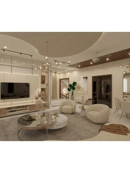 A look at the living area focusing on the media wall and entertainment console. The design integrates storage seamlessly, maintaining a clean and uncluttered look while being highly functional.