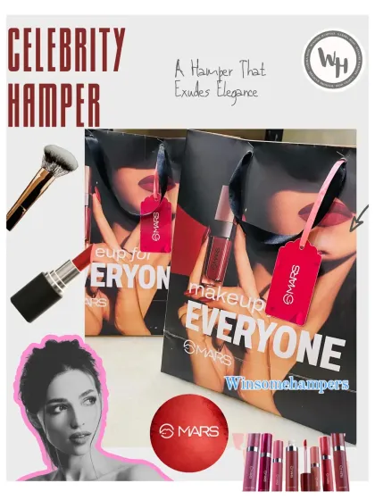 This graphic showcases a celebrity hamper concept, combining products from major beauty brands like Mars and Sugar Cosmetics. It illustrates how I can create collaborative gifts that feature multiple brands in one cohesive package.