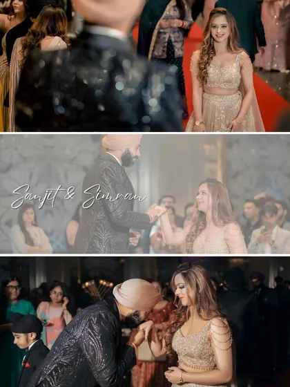 A collage capturing the story of Simran and Sanjit's entrance and ring exchange, from the groom's chivalrous hand-kiss to the bride's joyful expression.