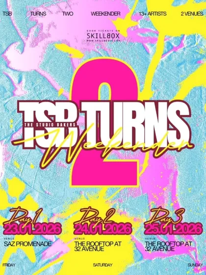A colorful poster for the 'TSB Turns Two' weekender, a three-day celebration across two venues with over 13 artists.