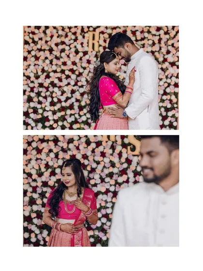 Two romantic portraits set against a stunning wall of roses, a perfect backdrop for an engagement shoot.