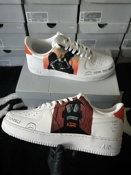 A custom Nike Air Force 1 inspired by Travis Scott's Astroworld, featuring album art and his signature "Cactus Jack" style.