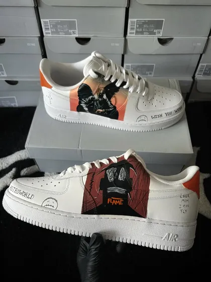 A custom Nike Air Force 1 inspired by Travis Scott's Astroworld, featuring album art and his signature "Cactus Jack" style.