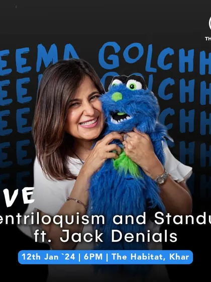 My "Live Ventriloquism and Standup ft. Jack Denials" show poster for The Habitat in Mumbai. This branding is typical for my public solo shows.