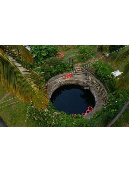 An overhead shot of our stone-walled well, surrounded by lush greenery and ready for jumpers.