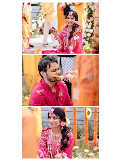 From the bride's joyful expressions to the groom being playfully fed, this collage tells the story of a fun-filled Haldi. It’s a collection of candid snapshots that highlight the laughter and lighthearted moments shared with family.