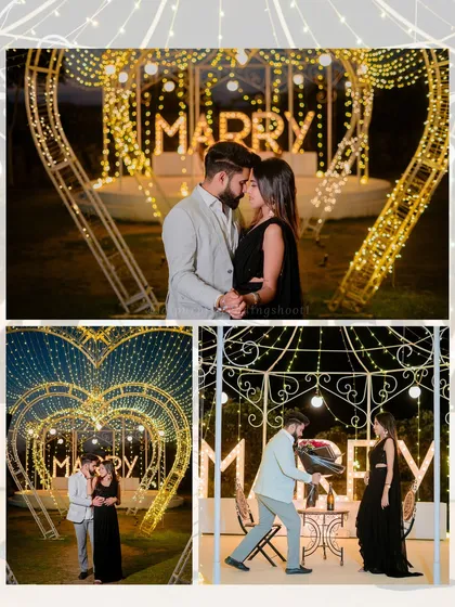 A collage of Siddharth and Simran's magical proposal setup, with a tunnel of heart-shaped arches and a "Marry Me" sign.