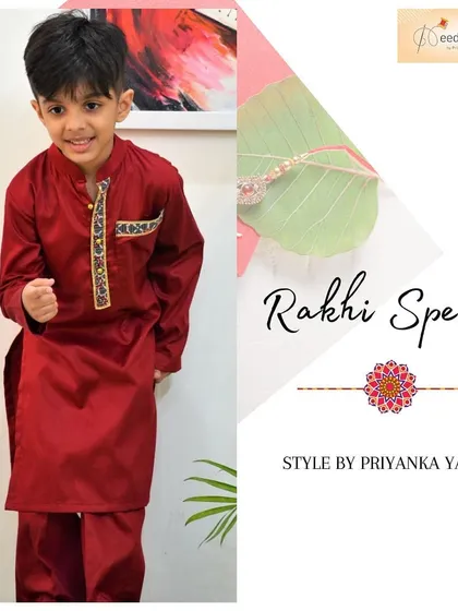 A classic never goes out of style. This charming maroon silk kurta set for boys features subtle embroidery on the pocket and collar, making it a smart and comfortable choice for festivals like Rakhi or Diwali.