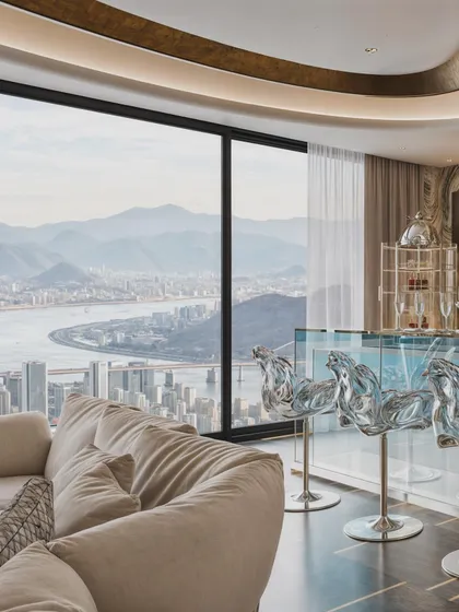 This angle showcases the panoramic view from the penthouse, with transparent bar stools ensuring the cityscape remains the hero of the scene.