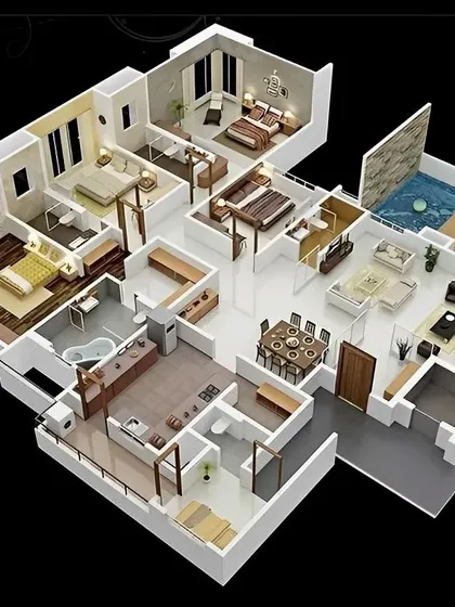 For larger properties, our 3D visualization helps in planning complex layouts. This floor plan details a spacious multi-bedroom home complete with an integrated kitchen, dining area, multiple living spaces, and even an outdoor deck with a private pool.