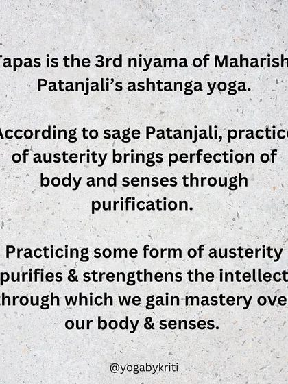 A title card explaining the definition of Tapas as the third niyama from Patanjali's Ashtanga Yoga.
