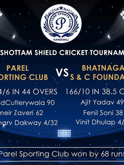 The score sheet from the Purshottam Shield match between Parel Sporting Club and Bhatnagar Foundation.