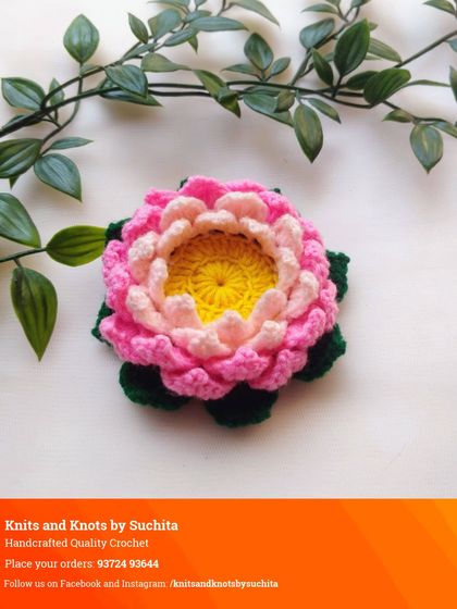 This soft-hued crochet lotus in shades of pink and yellow brings timeless beauty to your decor. It is durable, reusable, and made to bloom forever.