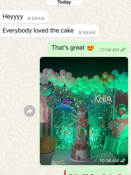 Nothing makes us happier than a delighted client. This screenshot of a client's feedback for our 5-tier custom Barbie cake is a testament to the joy and satisfaction we aim to deliver with every single creation.
